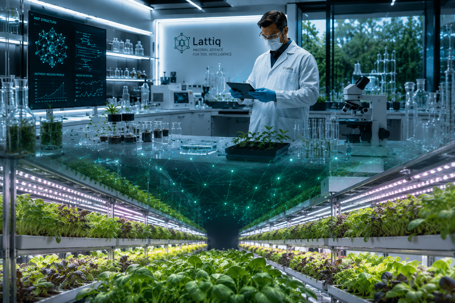 Cientista da Lattiq em laboratório analisando dados de MOF, com bancada de plantas, microscópio e tela mostrando estrutura molecular