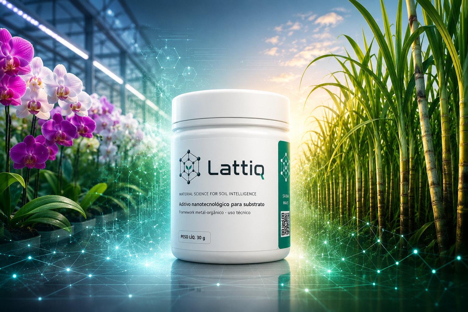 Embalagem Lattiq entre orquídeas e cana-de-açúcar, simbolizando a tecnologia MOF aplicada ao substrato